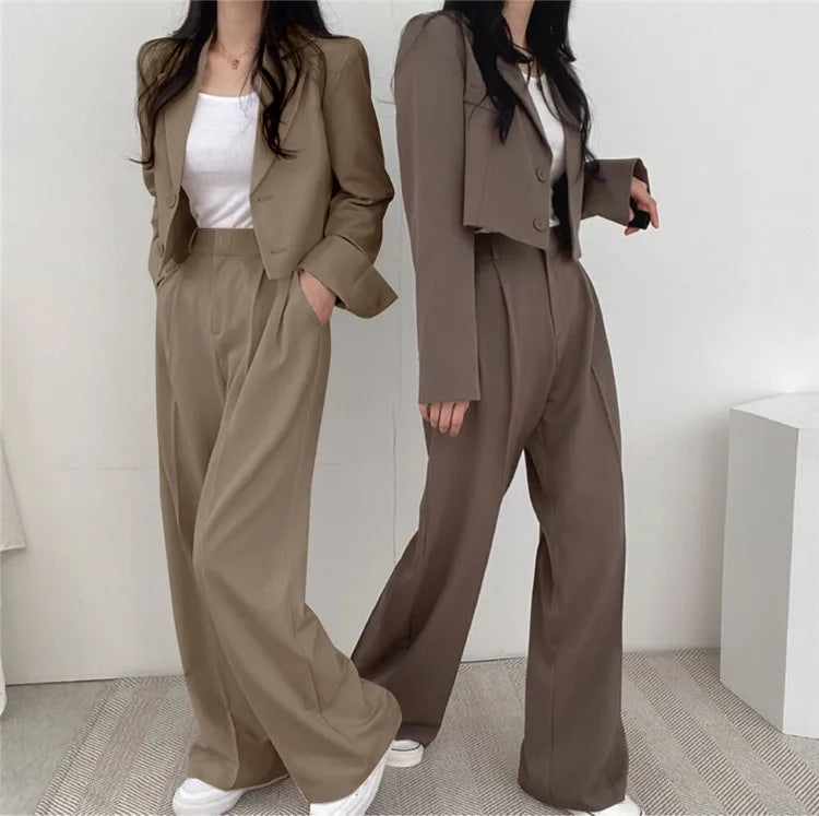 Suit Coat 2 Piece Set Women Blazer Jacket Straight Pants Ensemble Single Breasted Turn Down Collar Trousers Office Lady Outfits