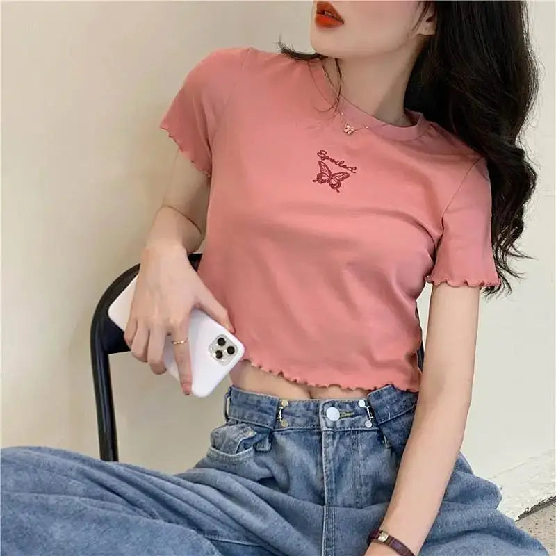 Y2K Crop Top T-shirt Women O-neck High Waist Slim Crop Top Butterfly Embroidered Short-Sleeved Tee Shirt T-shirts  Woman Clothes