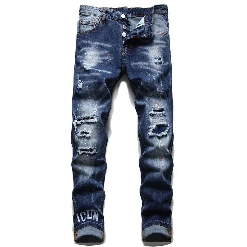 Men Ripped Skinny Denim Jeans Blue Holes Jeans Italian Style Stretch Denim Pants High Quality Male Slim Fit Denim Trousers  38