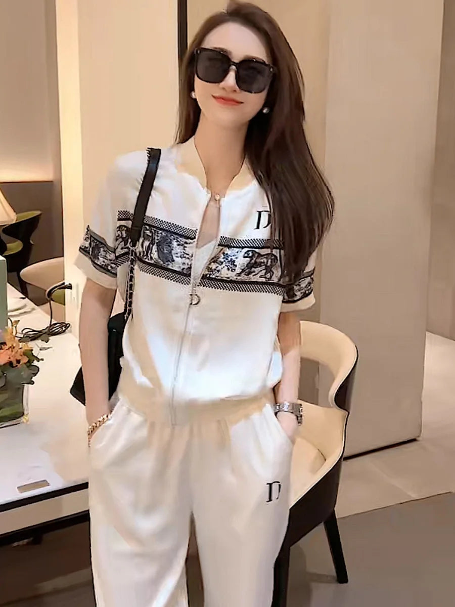 French Women Casual 2 Piece Sets Cool Ice Silk Comfortable Summer Zipper Short Sleeve Jacket Coat and Sweatpants Loose Sports