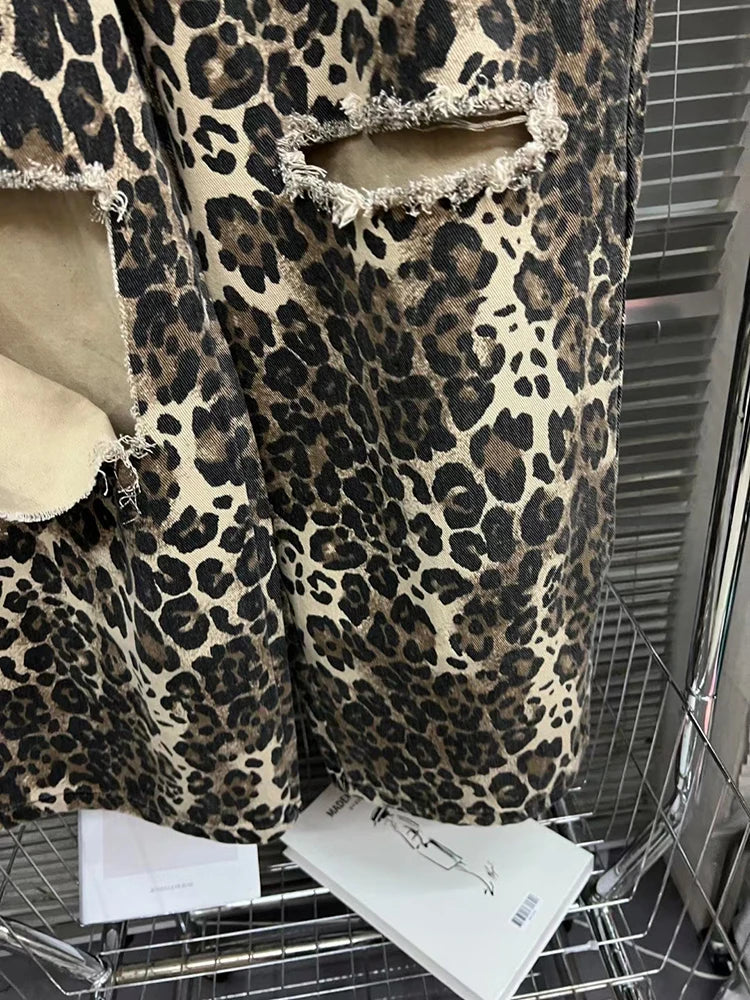 TWOTWINSTYLE Leopard Ripped Wide Leg Jeans For Women High Waist Patchwork Button Loose Fashion Denim Pant Female Clothing New