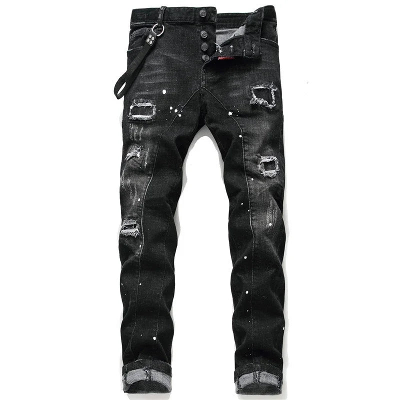 Men Black Ripped Denim Jeans Italian High Street Style Holes Jeans Denim Pants High Quality Male Slim Fit Denim Trousers Size 38