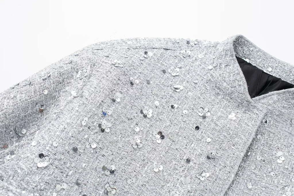 Women's Sequined Bomber Jacket Fall New Round Neck Long Sleeve Pocket Stretch Hem Sequins Jacket Coat Female Chic Outerwear