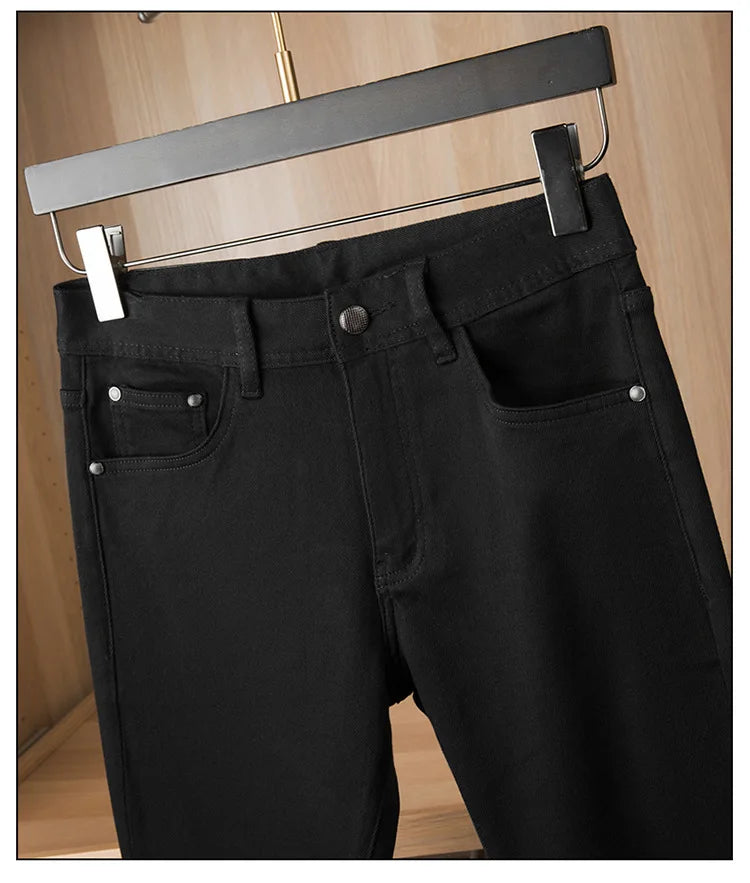 Pure black jeans men's 2025 new light luxury fashion spring and summer versatile elastic slim fit small straight leg pants