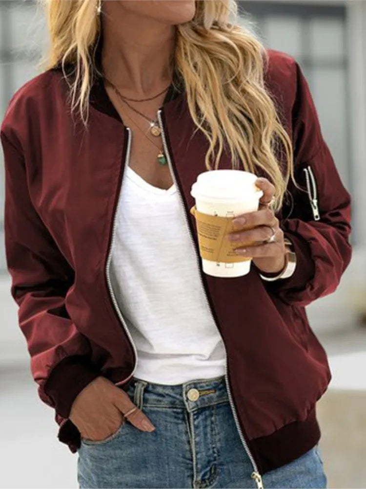 Women Bomber Casual Jacket 2025 Spring Autumn Solid Color Spring Coat Long Sleeve Stand Collar Zipper Basic Motorcycle Jackets