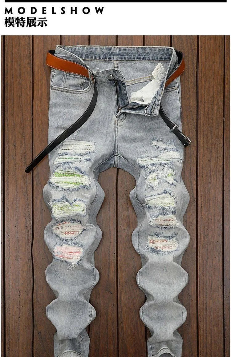 Spring and Autumn New Fashion Trend Sports Ripped Stretch Straight Leg Jeans Men's Casual Slim Breathable High-Quality Jeans