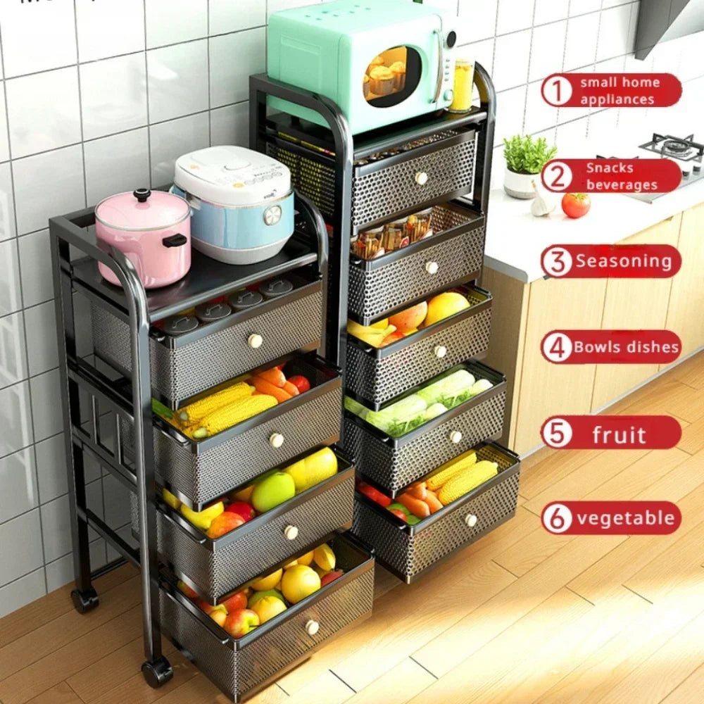 Kitchen Shelf With Drawer Multifunctional Storage Rack Fruits Vegetables Storage Cart Organizer With Wheels Bar Carts Cabinets