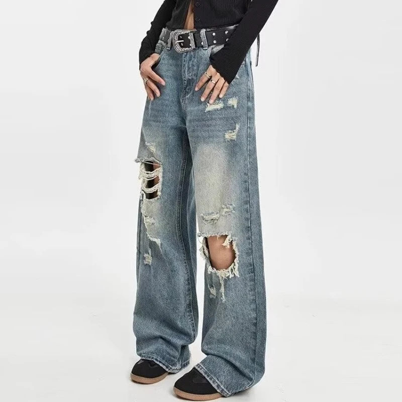 Men Ripped Straight Leg Jeans American Style Trend High Street Loose Bootcut Pants Fashion Male Simplicity Classic Blue Trousers