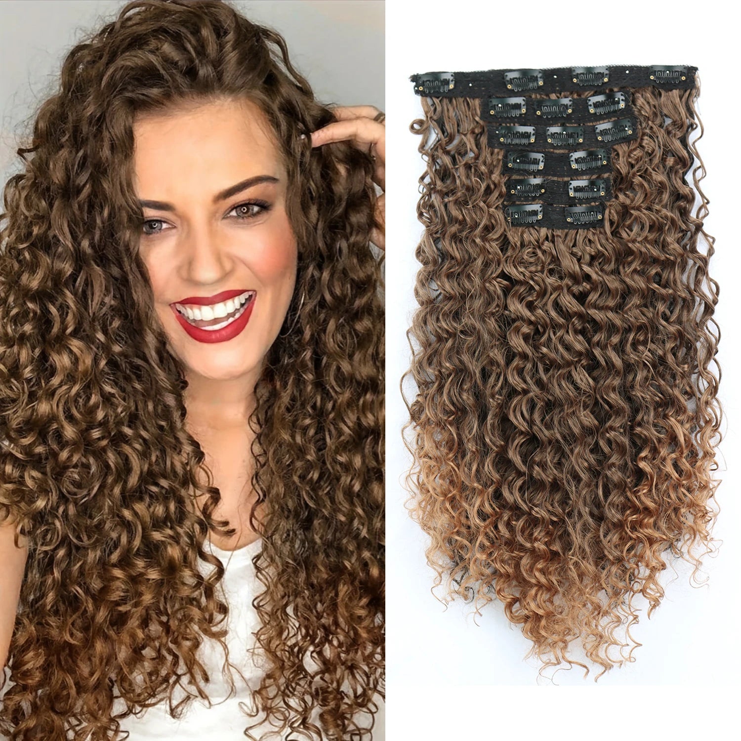 Synthetic Kinky Curly 16 Clip In Hair Extensions Full Head Fake Pieces Black Brown Hair Extensions Suitable For Women To Wear