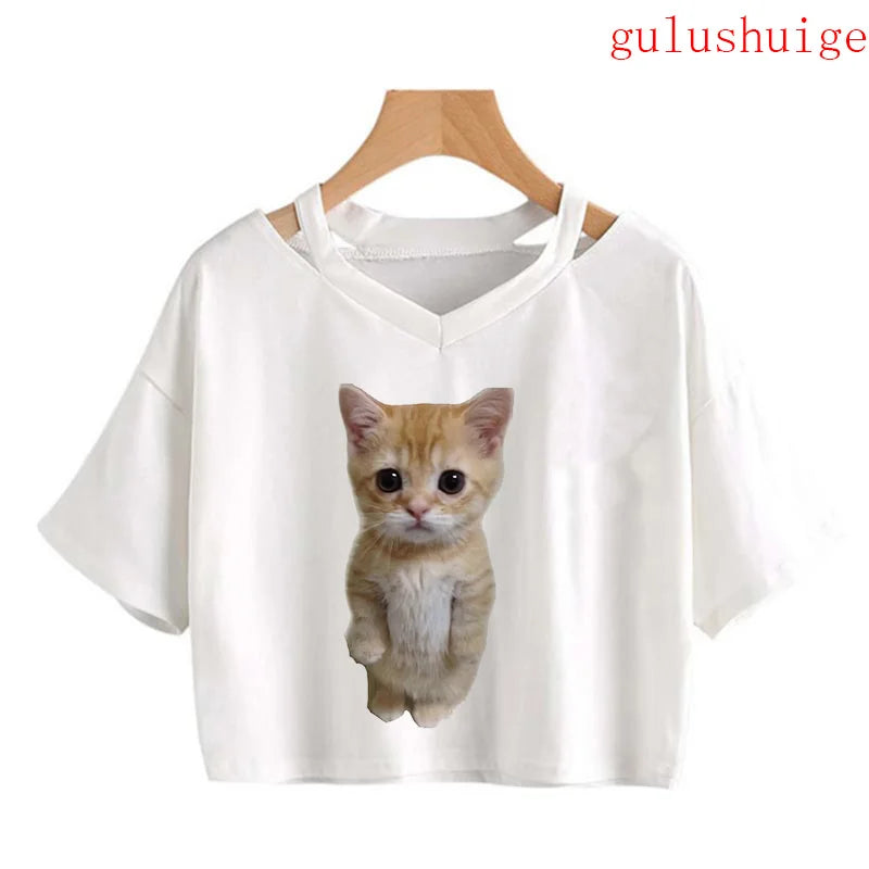 Y2k Crop Top Funny Cute Cat T Shirt Women Shirt Cropped Harajuku Graphic Ulzzang T-shirt 90s Tshirt Top Tee Female Gothic