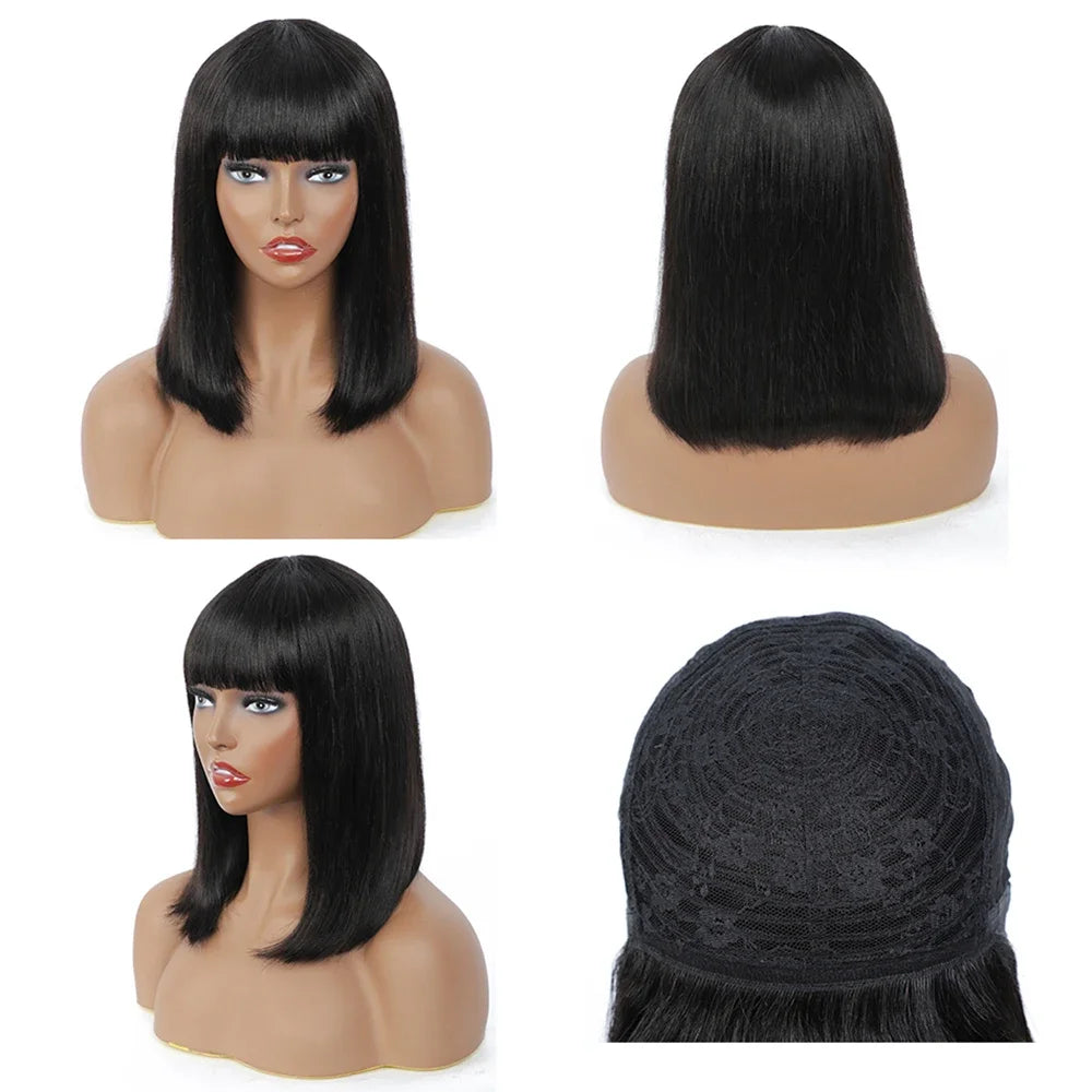 Peruvian Hair Straight Bob Non Lace Wigs 100% Human Hair Wig With Bang Natural Color Short Inch Bob Lace Wig For Black Women