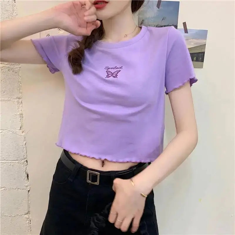 Y2K Crop Top T-shirt Women O-neck High Waist Slim Crop Top Butterfly Embroidered Short-Sleeved Tee Shirt T-shirts  Woman Clothes