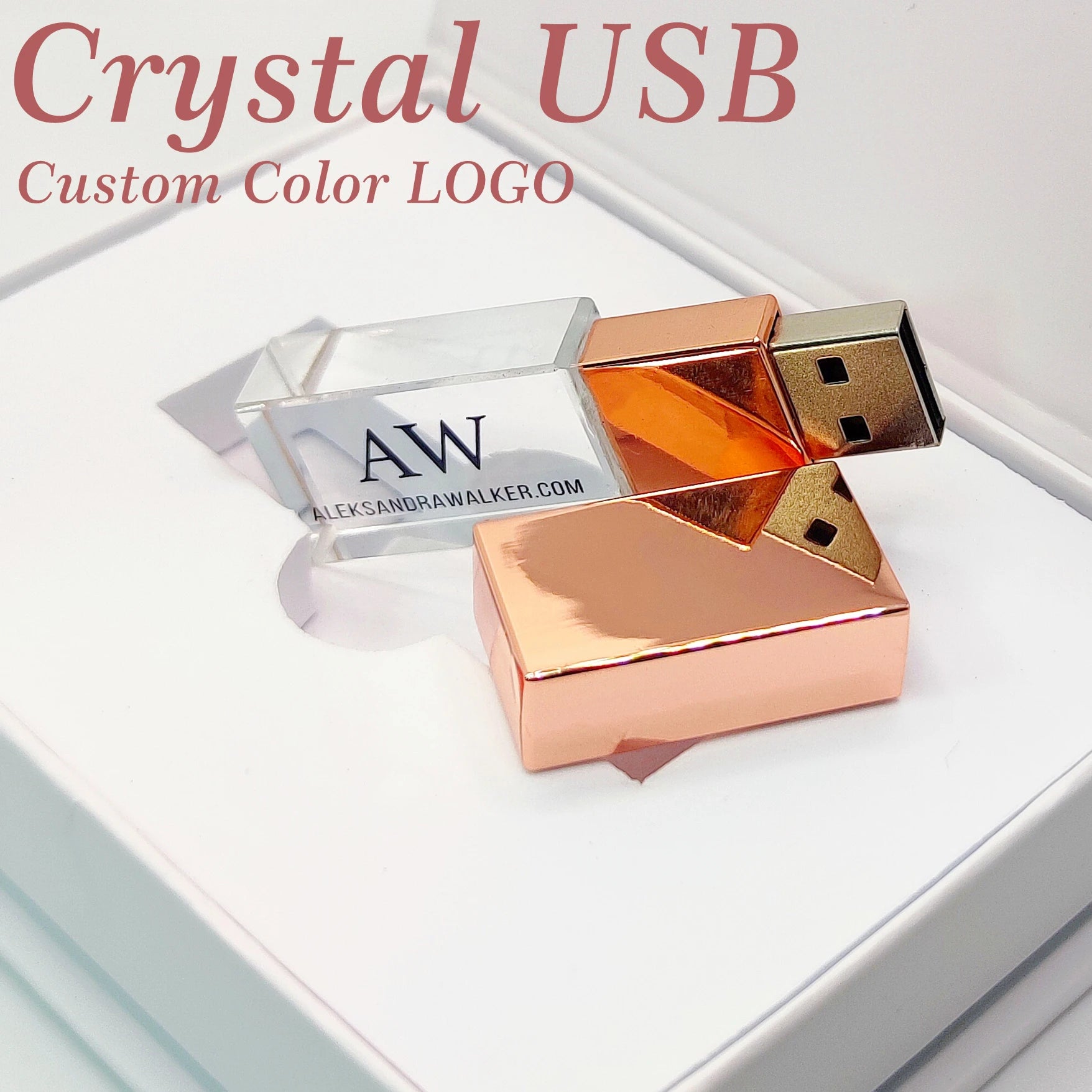 Custom LOGO Rose-gold Crystal USB2.0 128GB 64GB 32GB 16GB 8GB 4GB 2GB Flash Drive with White Box(Ship within 24 hours)