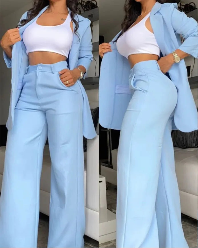 Two Piece Set Women Outfit Autumn Fashion  Collar Long Sleeve Blazer Coat & Elegant Pocket Design Work Pants Set