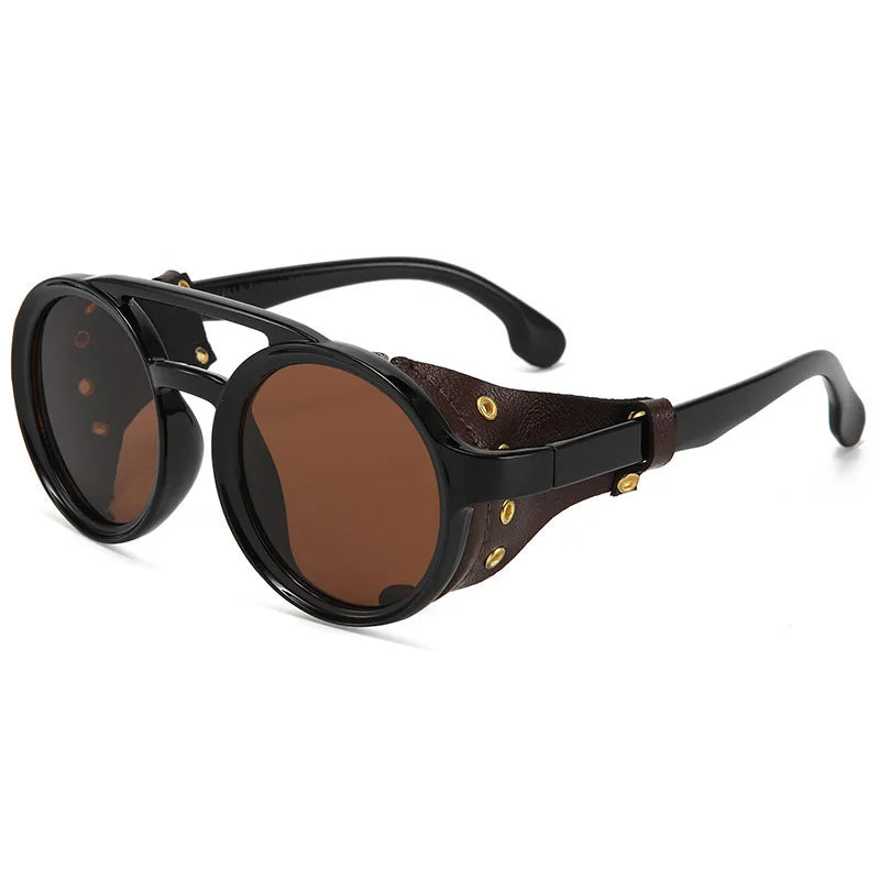 Retro Steampunk Sunglasses Men Women UV400 Round Punk Sun Glasses Vintage Goggles Leather Shades Outdoors Sports Eyewear