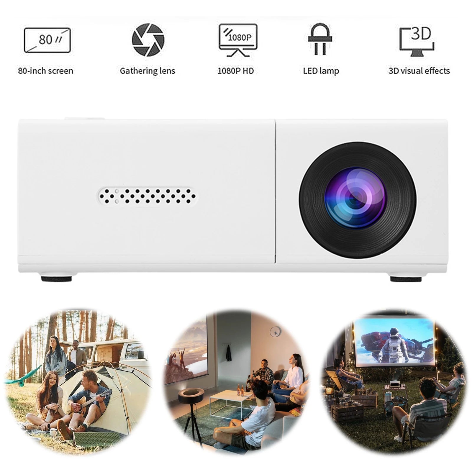 1080P LED Mini Projector with Remote Control 4K HD Video Projector Smart Mobile Projection Tool for Outdoor Camping Movies
