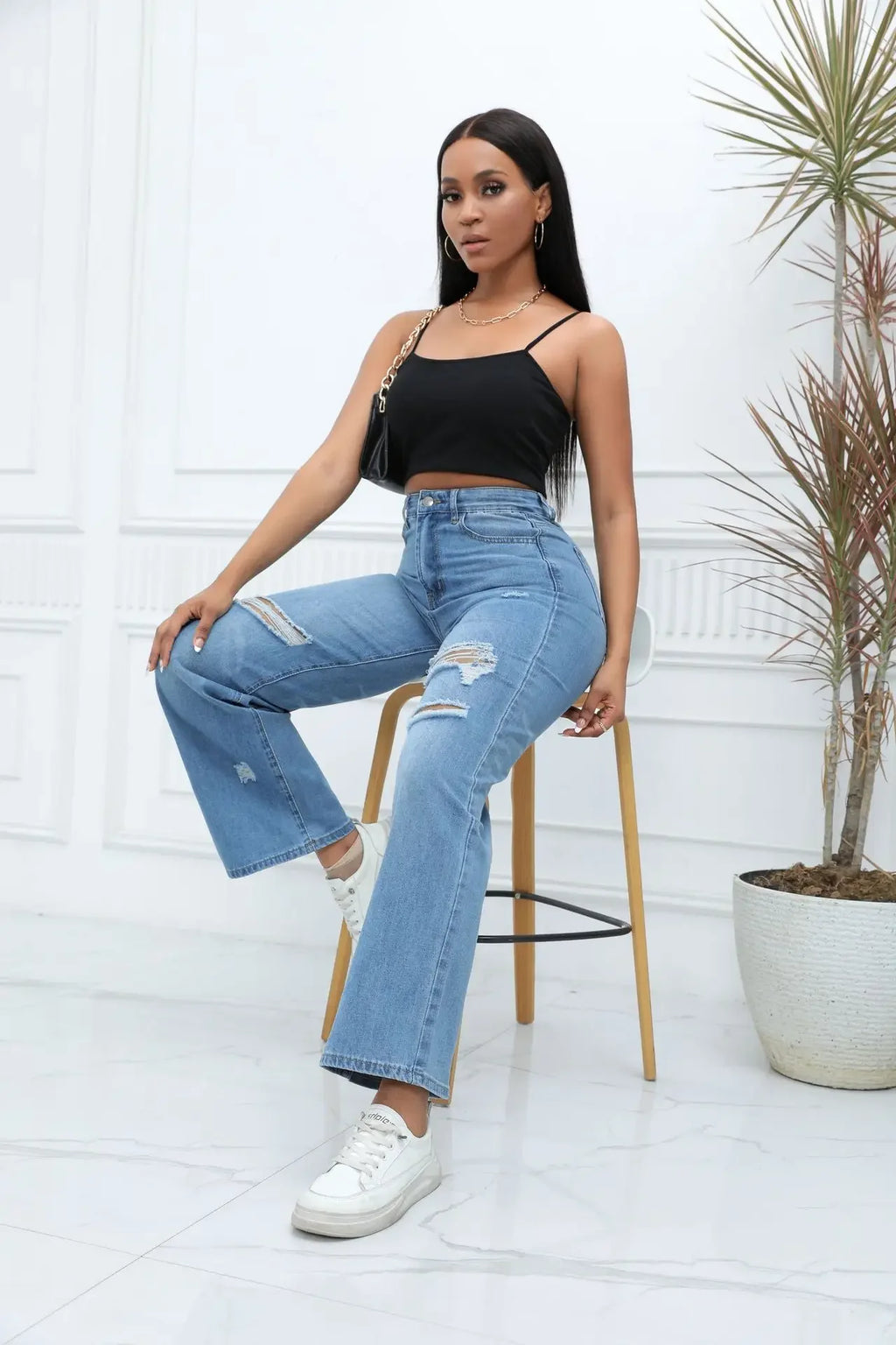 Women'S Ripped Boyfriend Jeans Draping Straight Leg Jeans Korea Ladies Stretch Hole Denim Trousers Button Pocket High Waist Pant