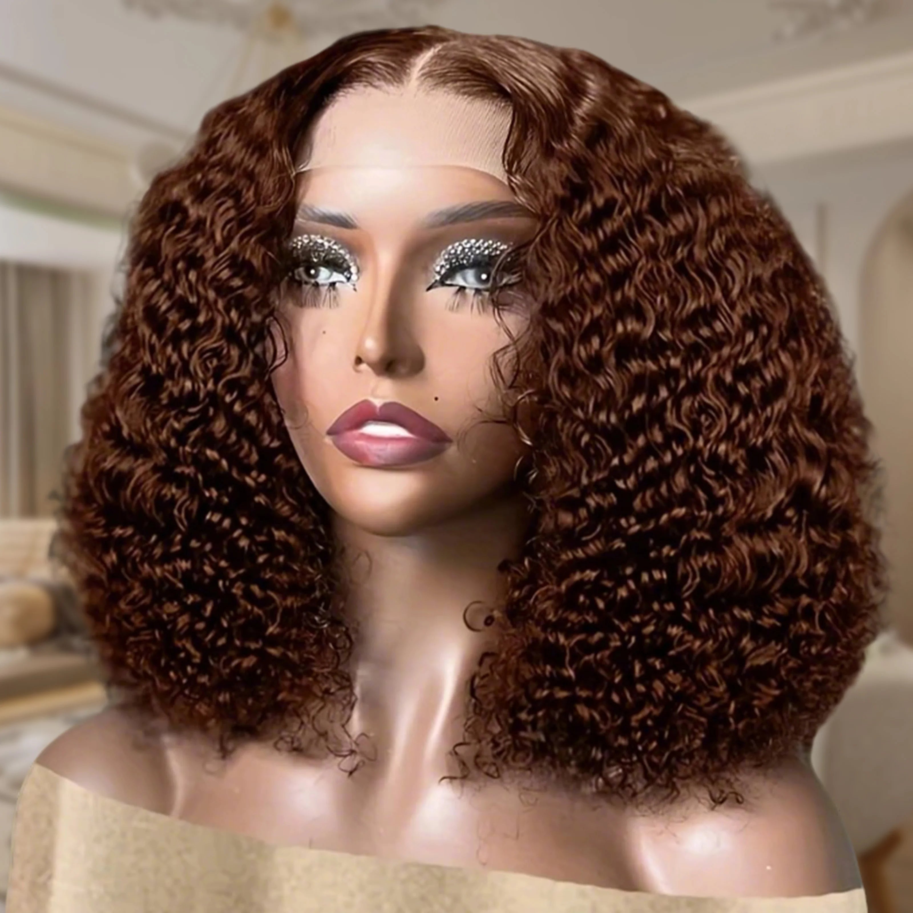 Kinky Curly Brown Deep Wave Short Bob Wig 13x4 Chocolate Bob Wig 16Inch  Brazilian HD Transparent Lace Human Hair Short Wig