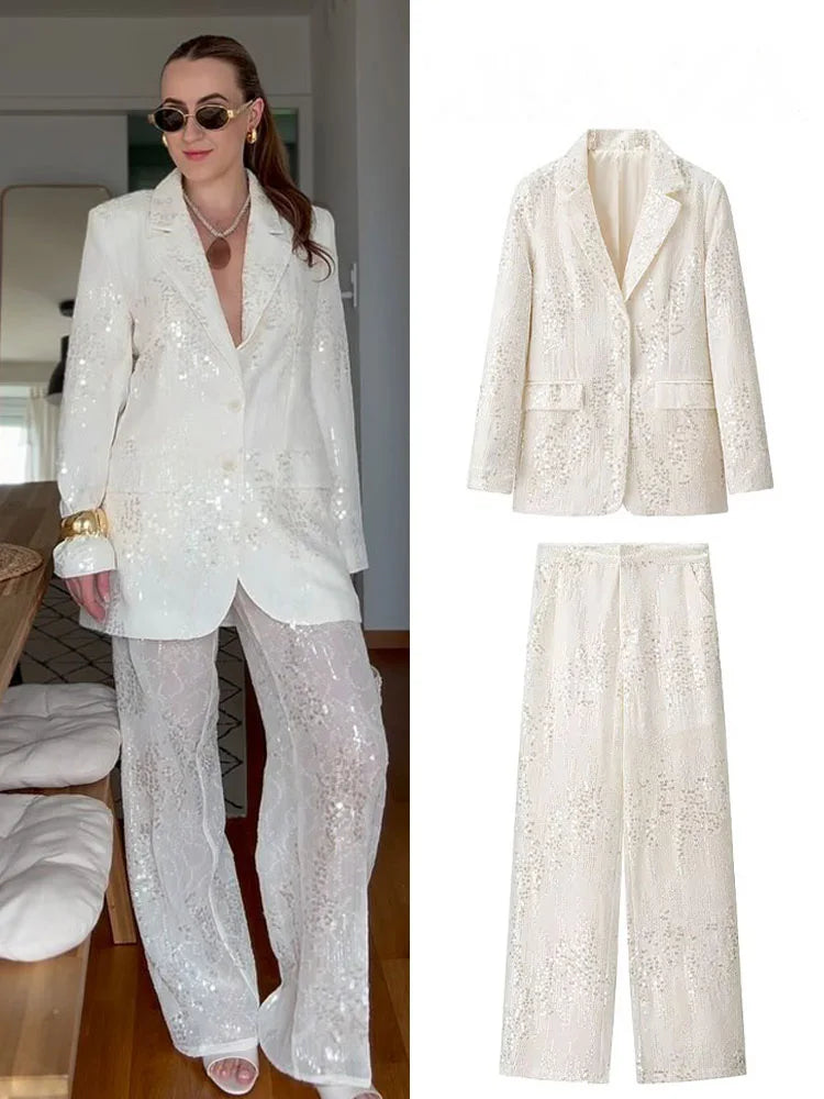 HH Female Sequins Sets Turn-Down Collar Pockets Single-Breasted Blazers+High Waist Zipper Trousers Women's Autumn Pant Set