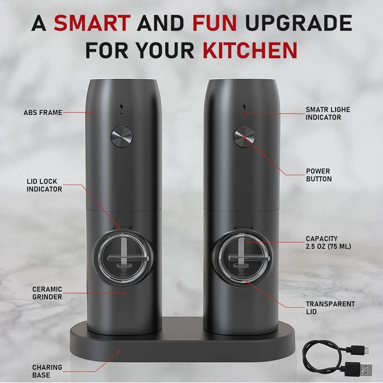 USB Charging Electric Salt and Pepper Grinder Rechargeable Adjustable Coarseness Automated Spice Mill for Kitchen Cooking Dining