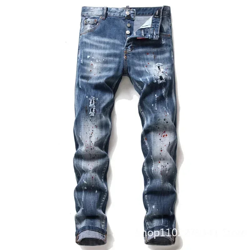 Men Ripped Skinny Denim Jeans Blue Holes Jeans Italian Style Stretch Denim Pants High Quality Male Slim Fit Denim Trousers  38