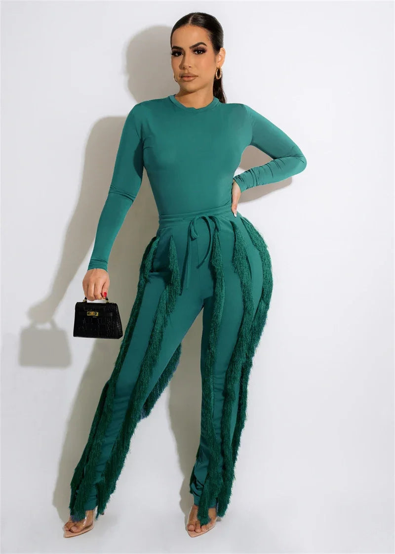 Elegant 2 Piece Sets Women Outfit 2025 Fall Winter Long Sleeve Bodysuit Top and Tassel Pants Matching Sets Ensembles Pantalons