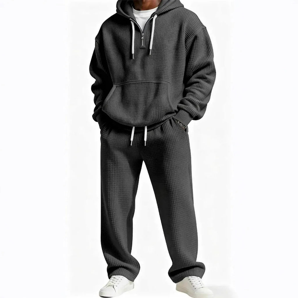 Autumn and Winter Waffle Hooded Sweatshirt Sweatpants Set 3D Printed Casual Sports Suit Men