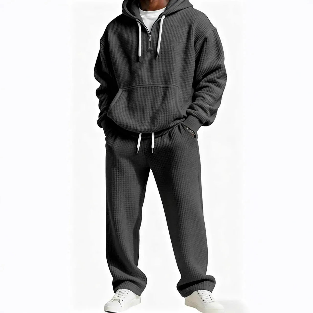 Autumn and Winter Waffle Hooded Sweatshirt Sweatpants Set 3D Printed Casual Sports Suit Men
