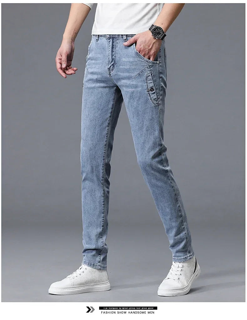 2024 New Men's Skinny Jeans Blue Gray Cotton Elasticity Straight Pencil Foot Slim Fit Fashionable Casual Denim Long Pants Male