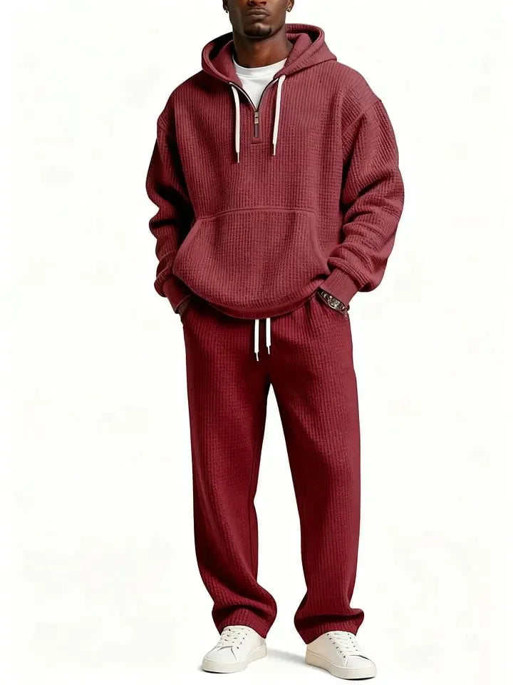 Autumn and Winter Waffle Hooded Sweatshirt Sweatpants Set 3D Printed Casual Sports Suit Men