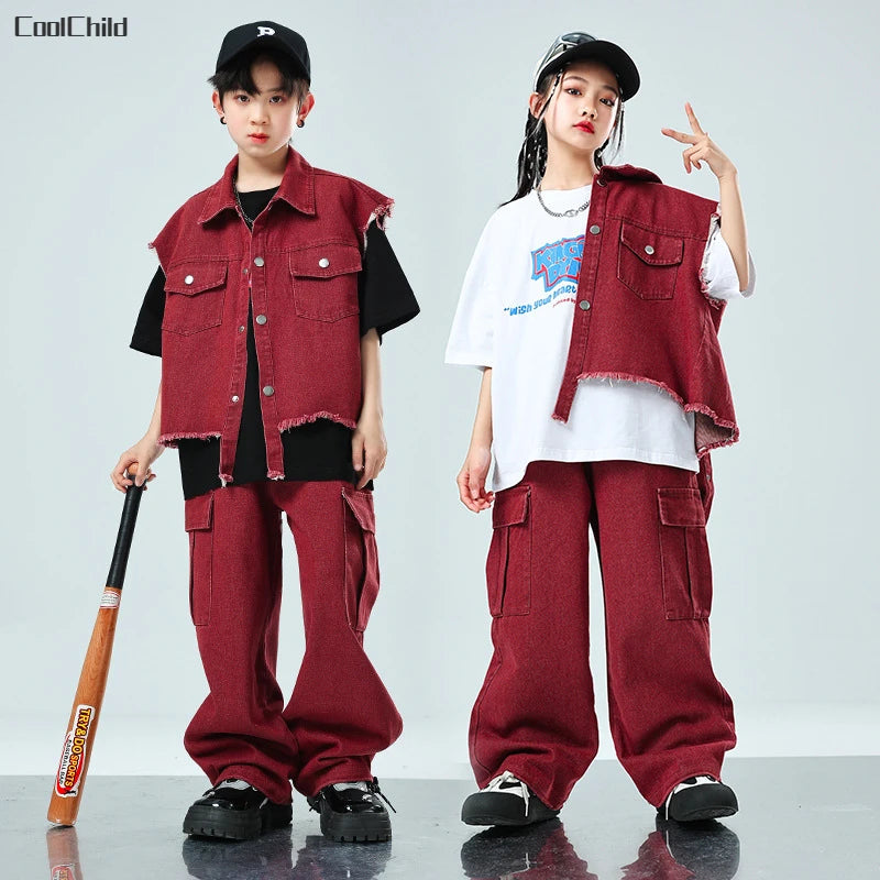 Hip Hop Girls Cool Denim Vest Burr Edge Cargo Jeans Clothes Sets Boys Jazz Street Dance T-shirt Child Kids Streetwear Costumes
