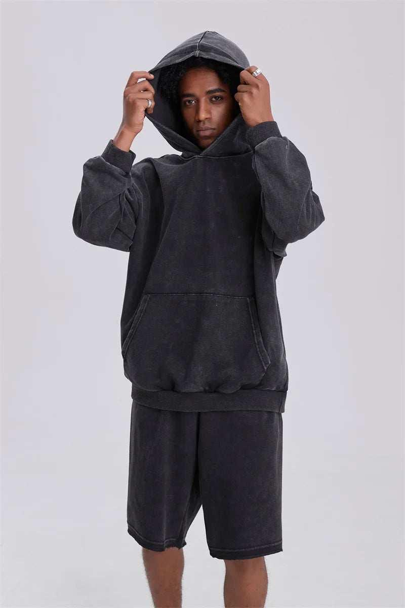 100% Cotton Men's Clothing Vintage Black Acid Wash Hoodies Men Women Oversized Hip Hop Sweatshirts Casual Pullover Y2K Clothes