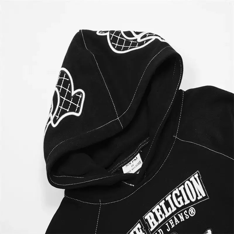 Embroidered Cotton Hoodie Men Vintage Hip Hop Streetwear Oversized Pullover Sweatshirt Women Unisex Casual Hooded Loose Black