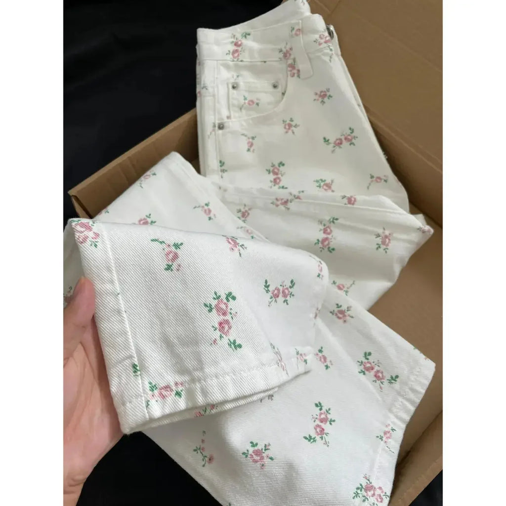 White floral straight jeans women's early autumn new thin loose high waist covered Joker slim casual wide-leg pants. jeans