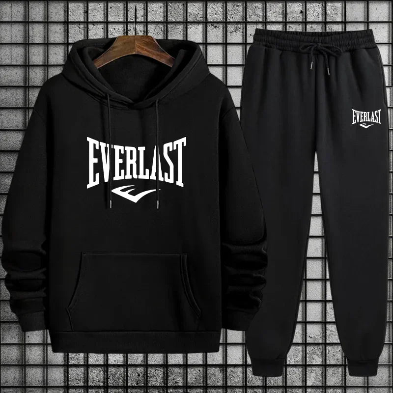 New Everlast Men's Sportswear Hooded Sweatshirt and Black Sweatpants Autumn/Winter Urban Leisure Fashion Warm Sports Set