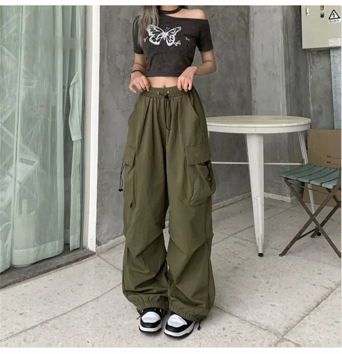 Red Big Pockets Cargo Pants Women High Waist Loose Streetwear Baggy Tactical Trouser Fashion Hip Hop Joggers Trousers Female