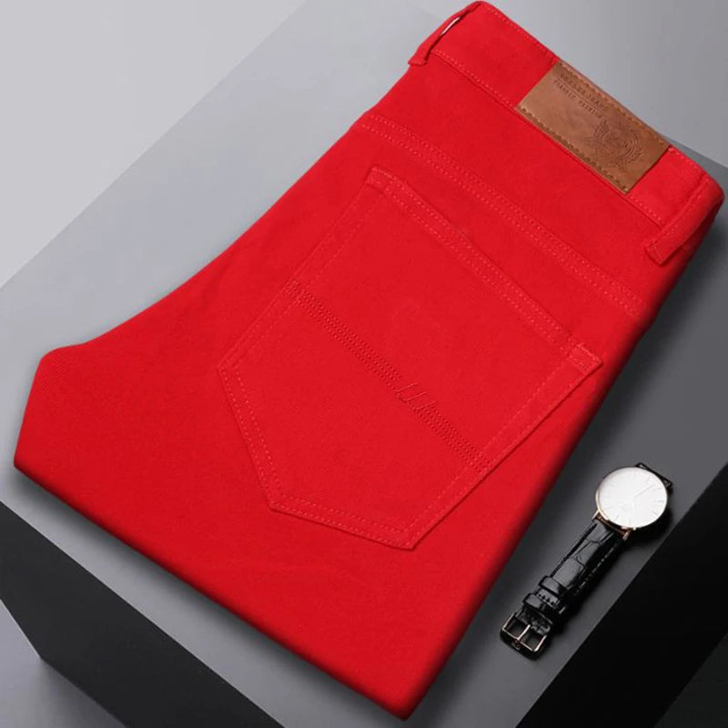 New Autumn Men's Yellow Pink Red Slim Jeans Classic Straight Elasticity Denim Pants Male Brand Stretch Skinny Colorful Trousers