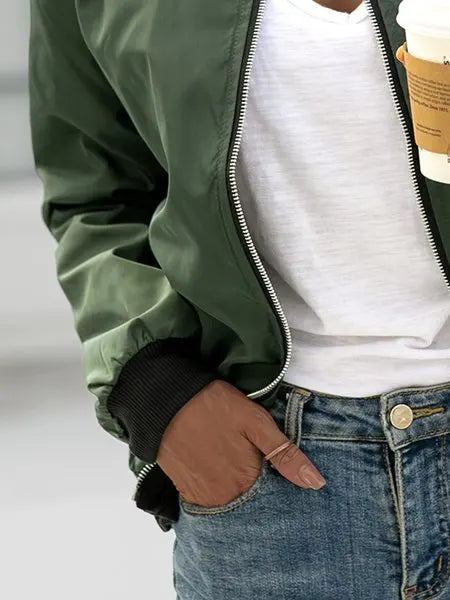 Women Bomber Casual Jacket 2025 Spring Autumn Solid Color Spring Coat Long Sleeve Stand Collar Zipper Basic Motorcycle Jackets