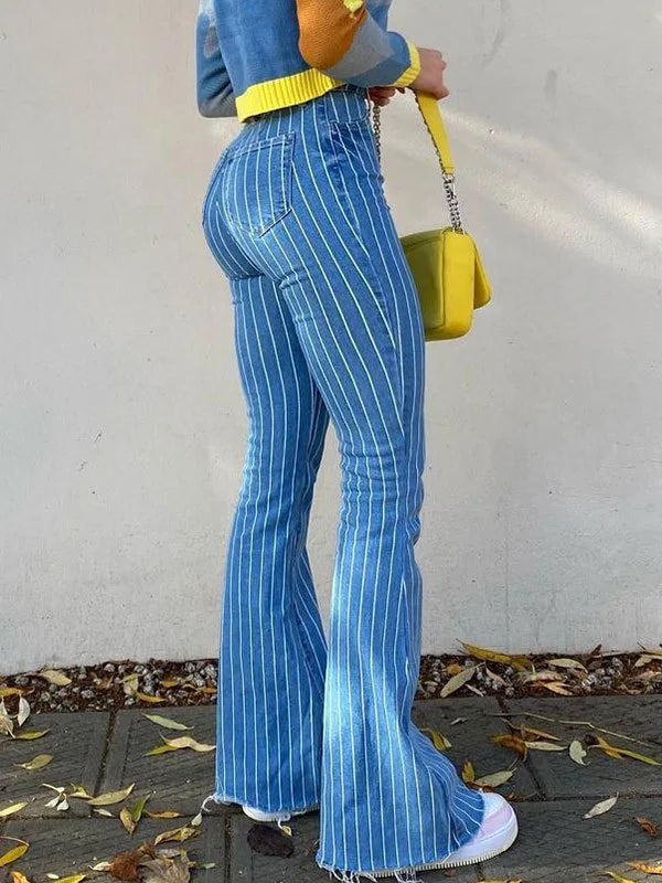 American Style Retro High-waisted Striped Skinny Jeans Female New Autumn Spice Girl Slimming Microhorn  Long Pants Jeans Y2k
