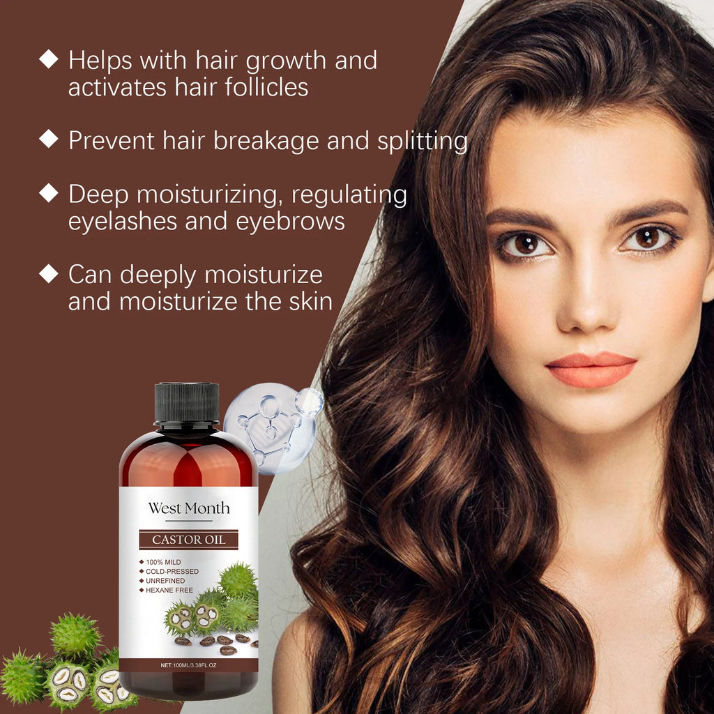 100ml Organic Castor Oil,Cold Pressed Unrefined Essential Oil For Hair Care Eyelash & Nail Growth Moisturizes Skin Hair Smoother