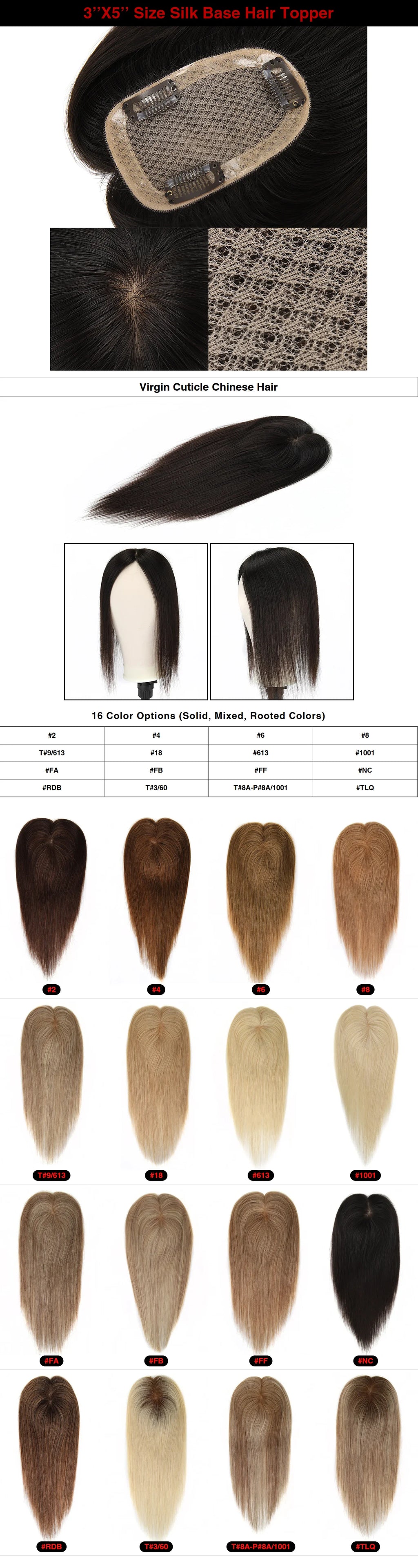 TUW10 3''x5'' Silk Base Hair Topper for Women with PU around 3 Clip 110% Handmade Remy Human Hair Natural Looking Topper Hairpin