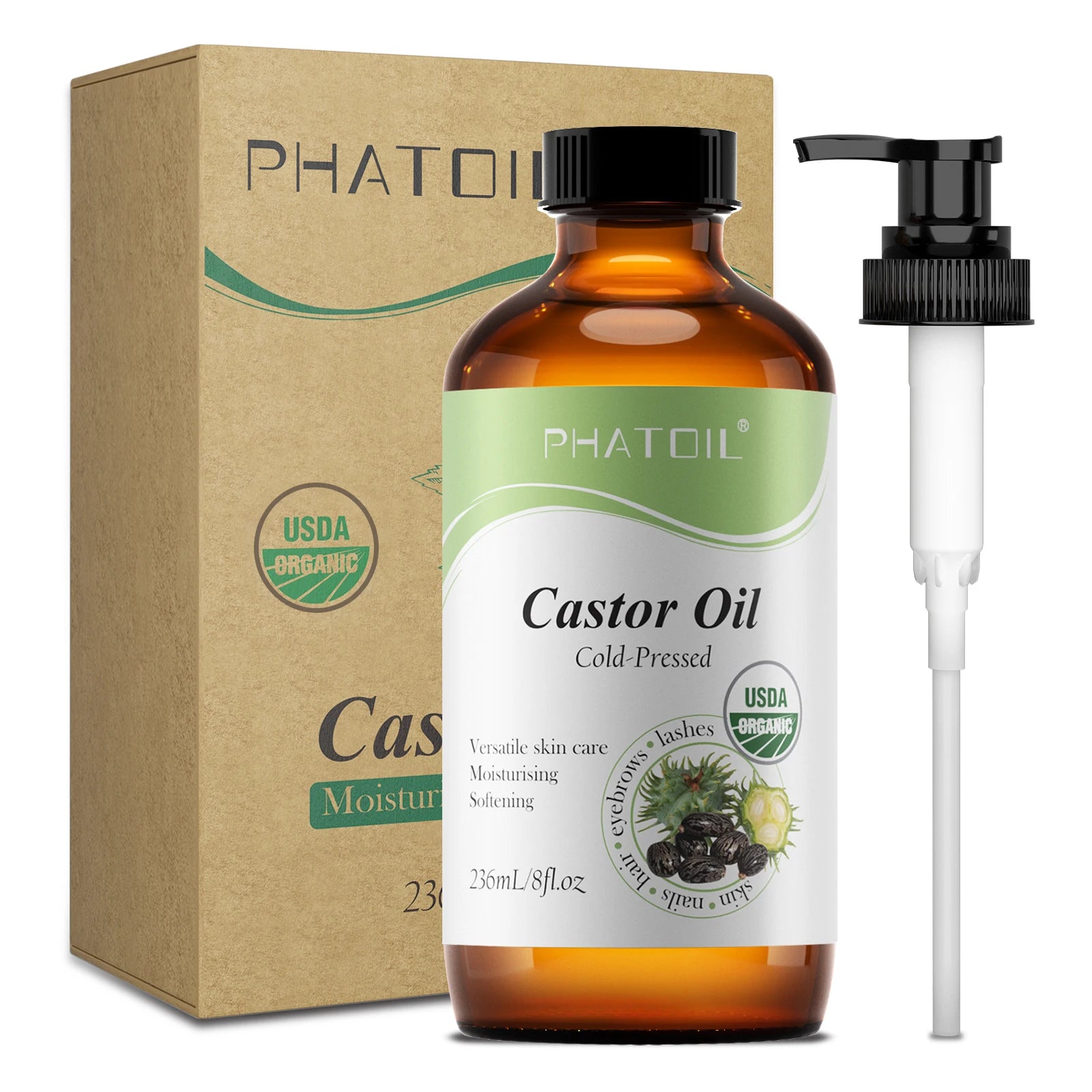 PHATOIL 1PCS 236ML/118ML Pure Castor Oils For Moisturize Skin,Hair Care,Body Massage USDA Cold-Pressed Essential Oil