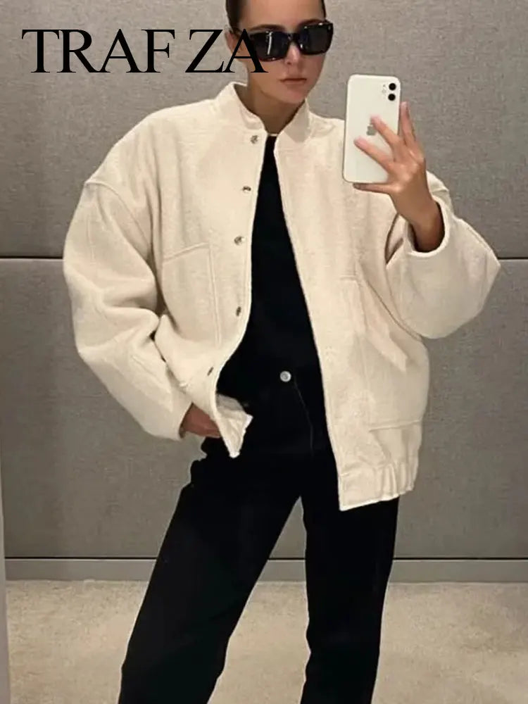 HH Women's Elegant Solid Coat Button Long Sleeve Pocket Bomber 4-Color Jacket Female Spring Casual Loose Streetwear Coats