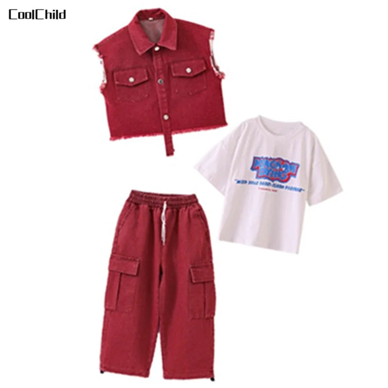 Hip Hop Girls Cool Denim Vest Burr Edge Cargo Jeans Clothes Sets Boys Jazz Street Dance T-shirt Child Kids Streetwear Costumes