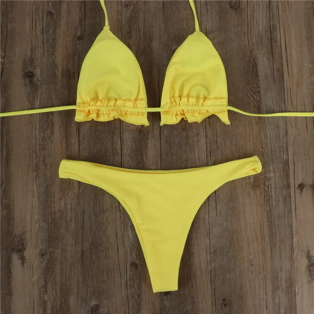 Summer Brazilian Bikini Set Women Sexy Bandage Top Thong Bottom 2 Pieces Set Push-up Swimwear Lace Up Swimsuit Beachwear