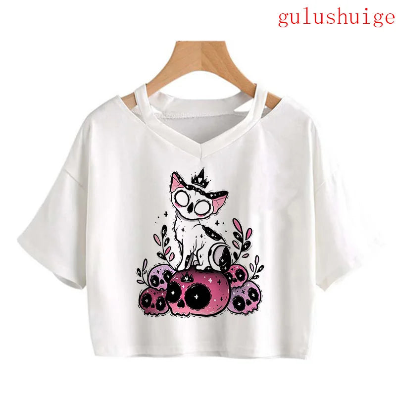 Y2k Crop Top Funny Cute Cat T Shirt Women Shirt Cropped Harajuku Graphic Ulzzang T-shirt 90s Tshirt Top Tee Female Gothic