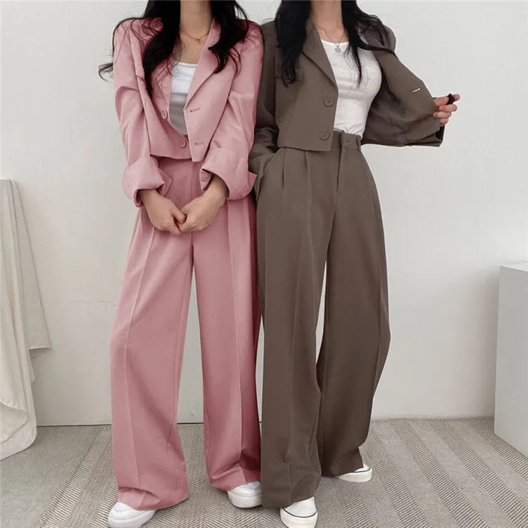 Suit Coat 2 Piece Set Women Blazer Jacket Straight Pants Ensemble Single Breasted Turn Down Collar Trousers Office Lady Outfits