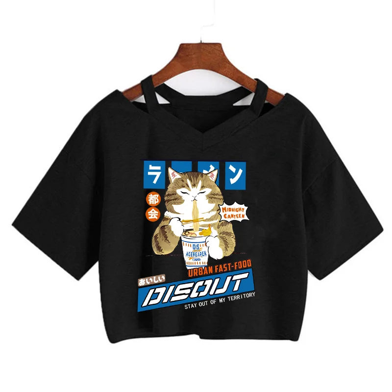 Y2k Crop Top Funny Cute Cat T Shirt Women Shirt Cropped Harajuku Graphic Ulzzang T-shirt 90s Tshirt Top Tee Female Gothic