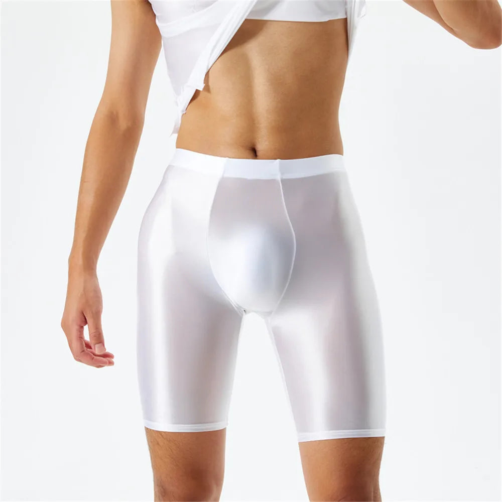Men Oil Shiny Shorts gym Shapewear Ice Silk High Elastic Sexy Boxer Tight Shape U Pouch Sheath Man Shorts Smooth Candy Color