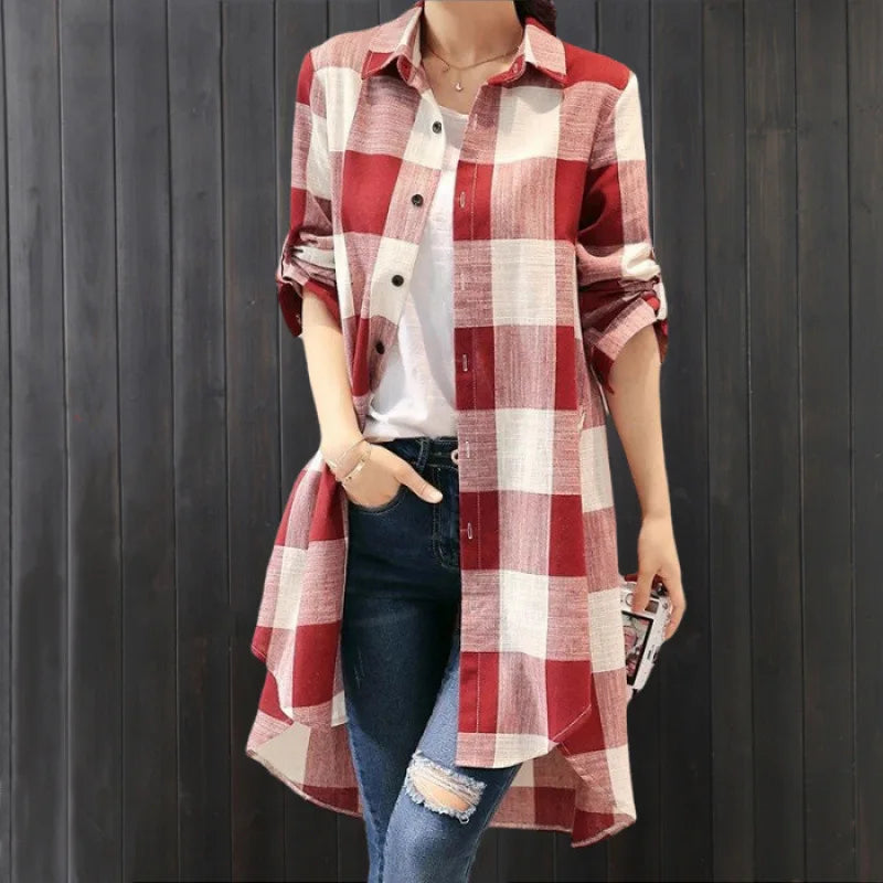 Women's Plaid Shirt Casual Blouses Woman Tops for Women Long Sleeve Long Sleeve Shirts Chic Blouse Check Linen Cotton Clothing